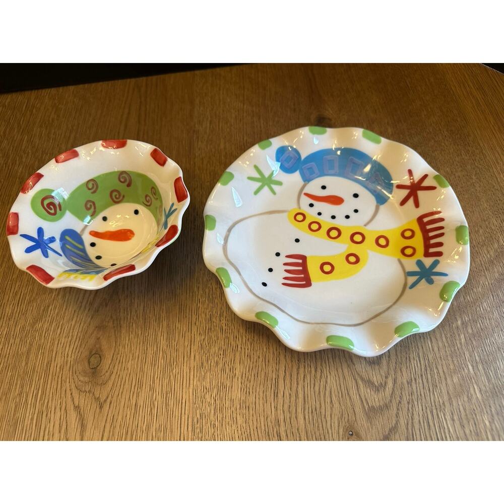 Coton Colors 1997-2007 Christmas Snowman Ruffle Appetizer Plate & Bowl EEUC